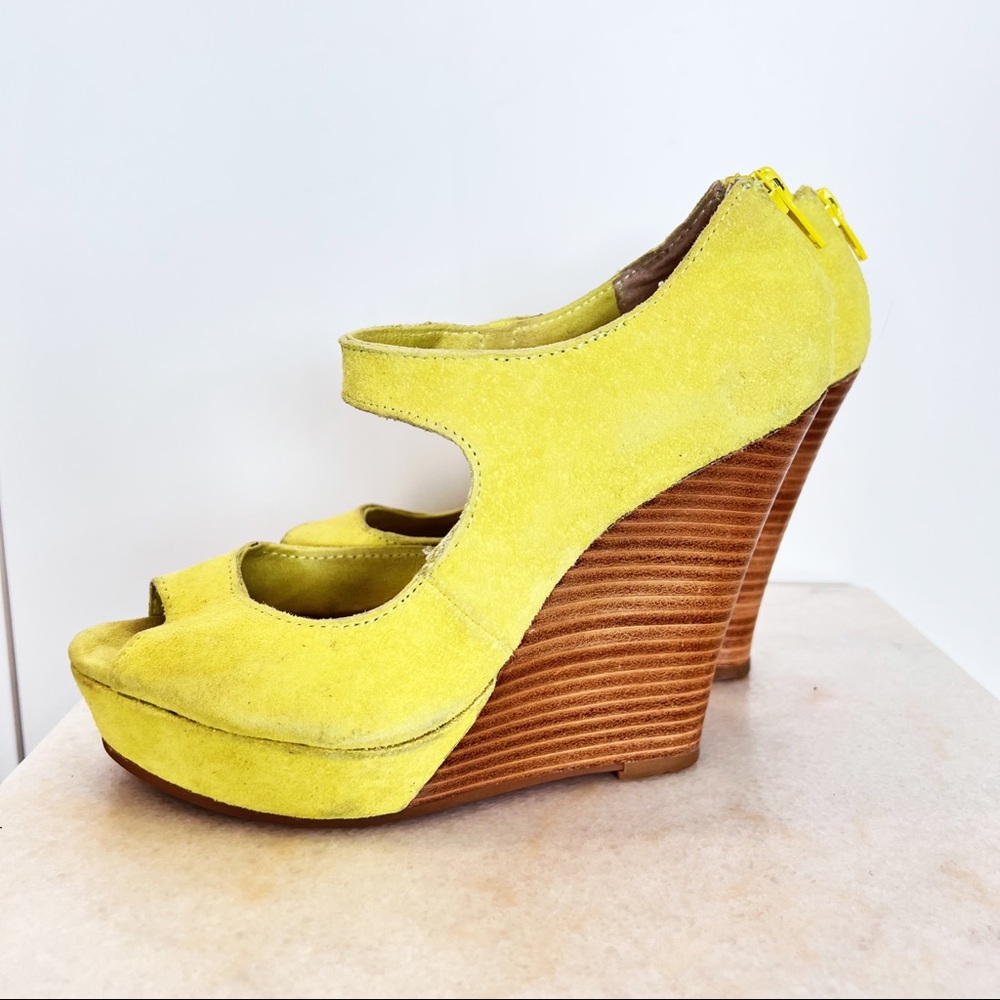 Seychelles Women's Pump “Down to Wire” Peep Toe Suede Wood Look Wedge Heel